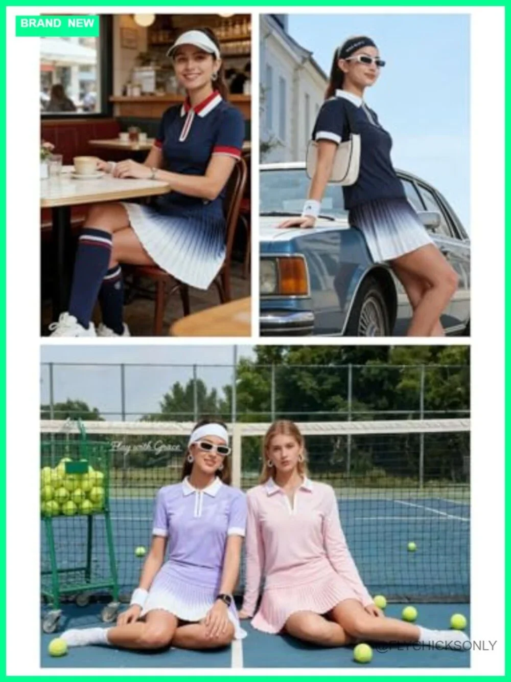 2 Piece Tennis Active Skort Set with Zipper Polo Top & Pleated Skirt